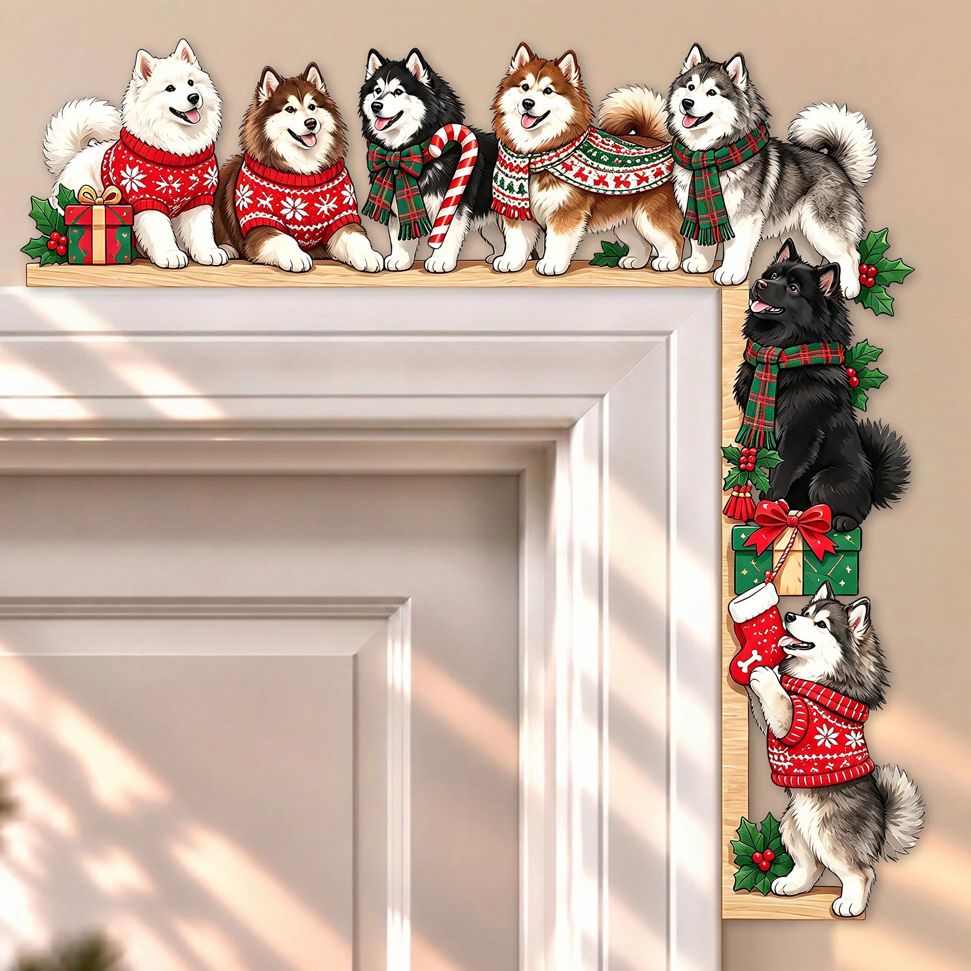Alaskan Malamute Christmas Door Topper, Festive Dog Door Frame Decor