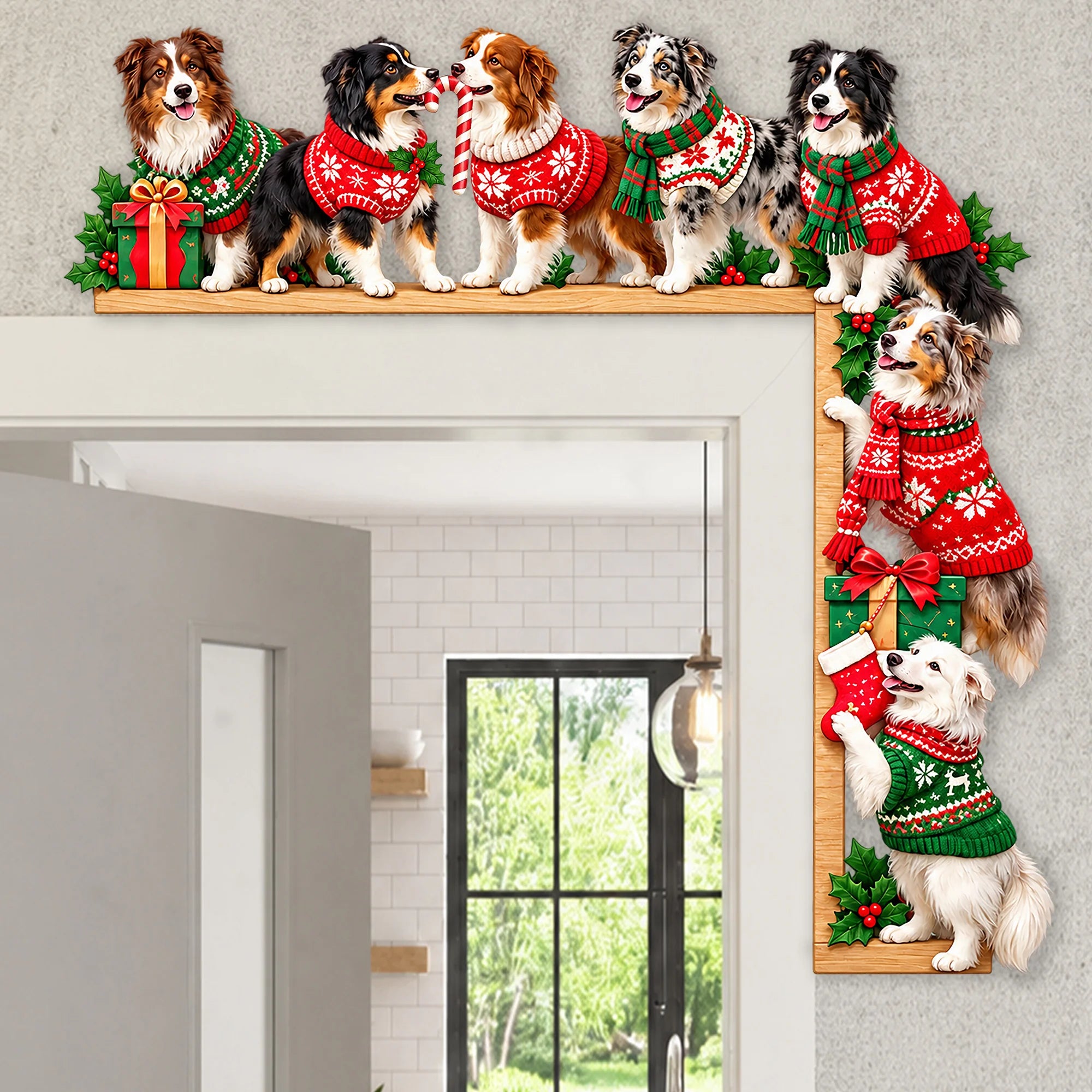 Collie Christmas Door Topper, Festive Dog Door Frame Decor
