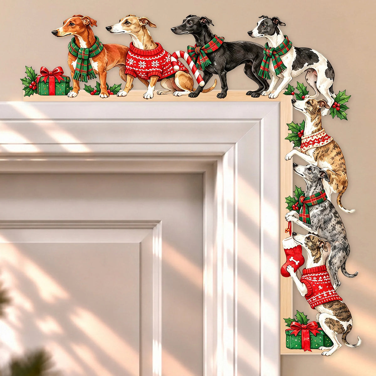 Whippet Christmas Door Topper, Festive Dog Door Frame Decor