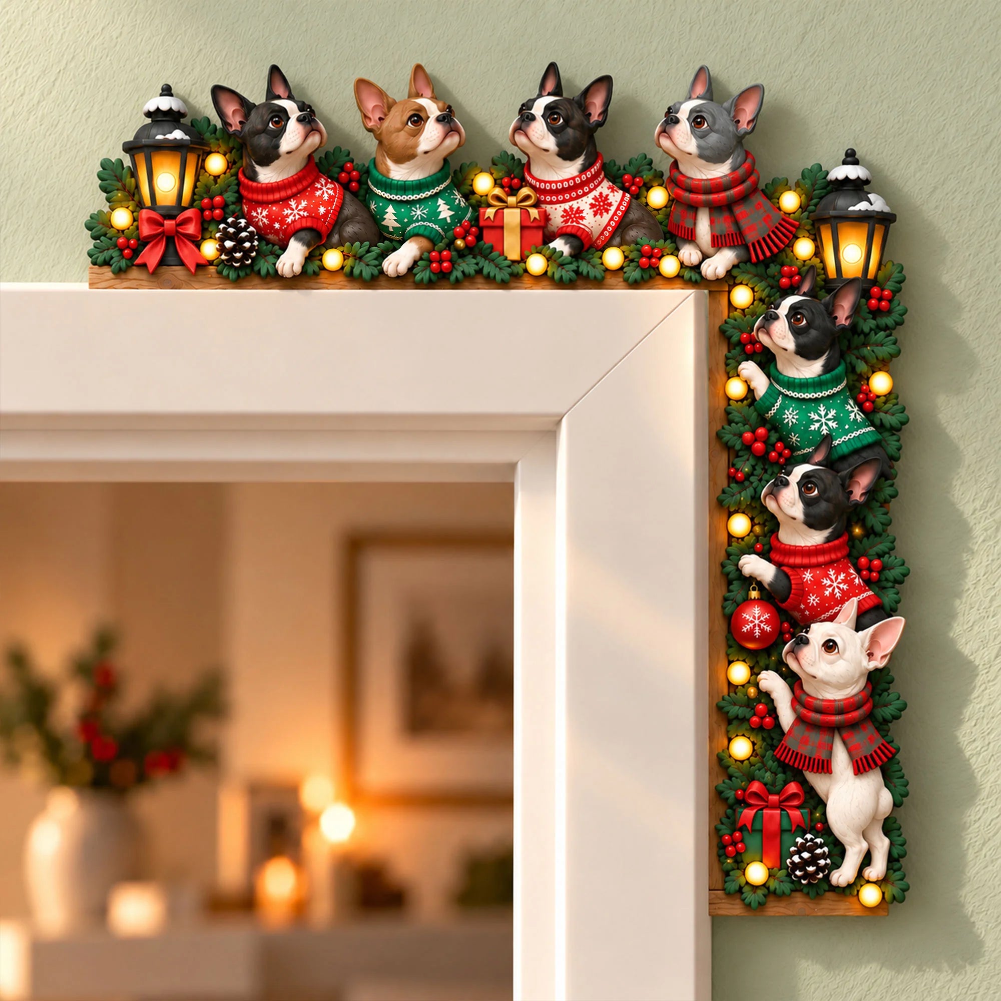 Christmas Boston Terrier Door Topper, Festive Holiday Decor, Dog Lover Gift