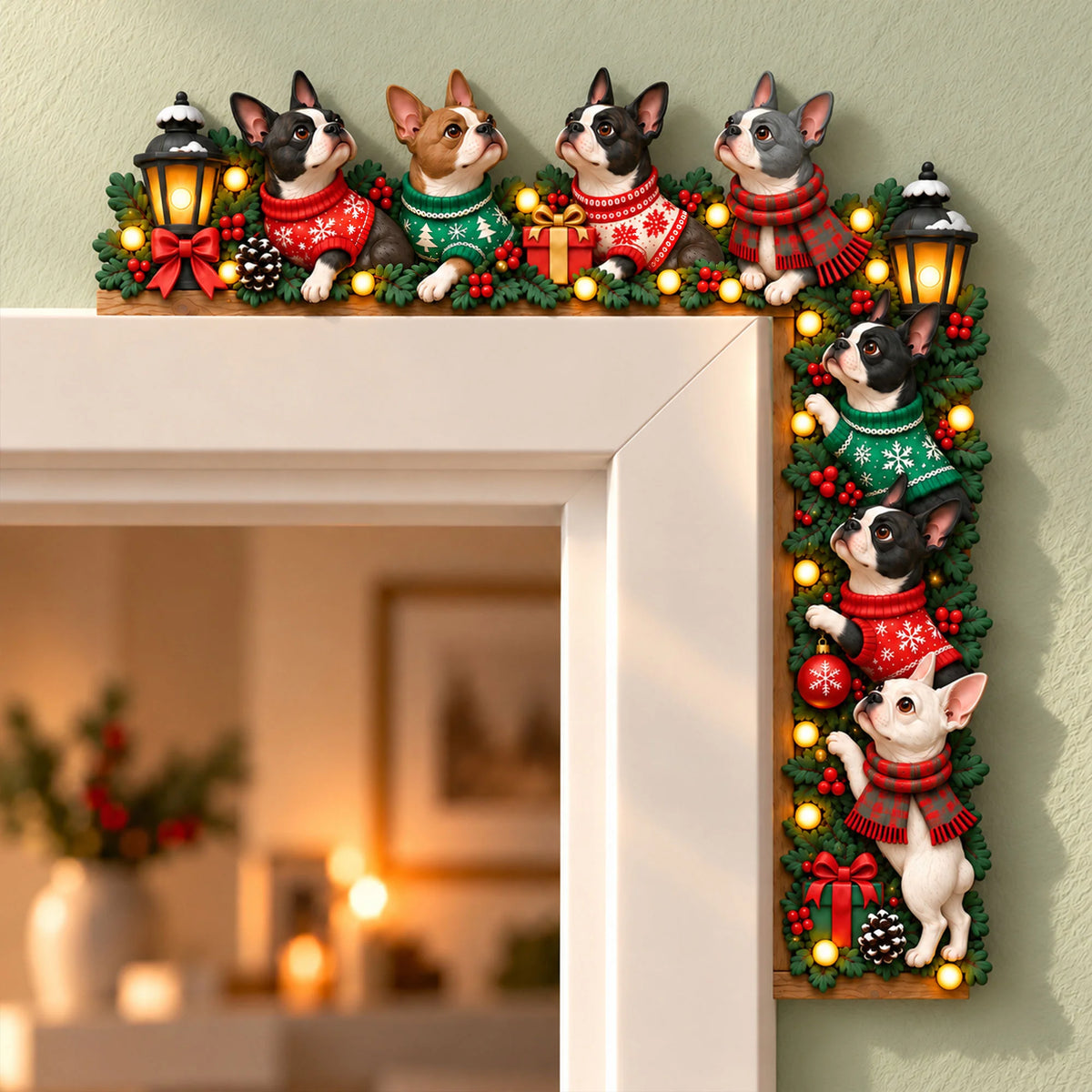 Christmas Boston Terrier Door Topper, Festive Holiday Decor, Dog Lover Gift