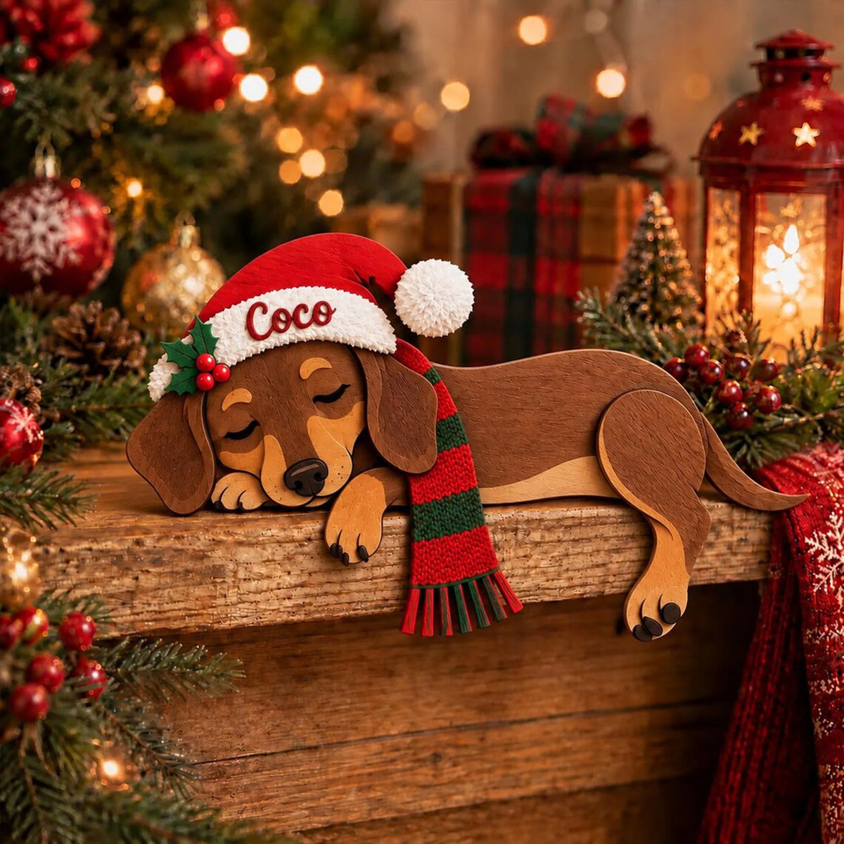 Custom Dachshund Christmas Wooden Sitter, Custom Name Holiday Shelf Decor