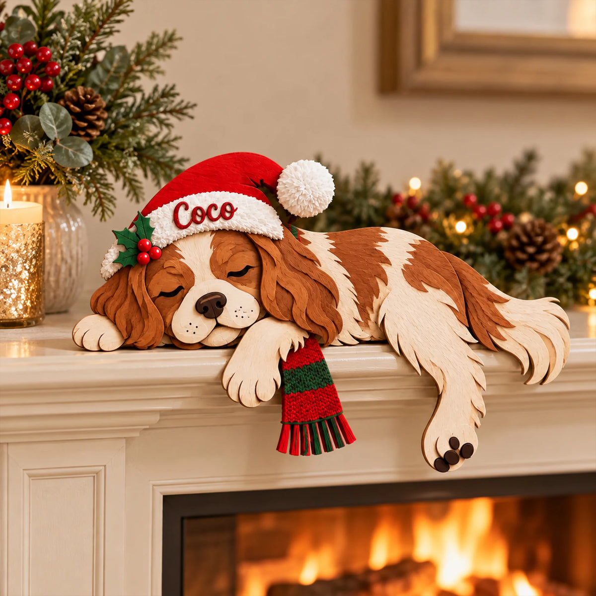 Cavalier King Charles Christmas Wooden Sitter, Custom Name Decor