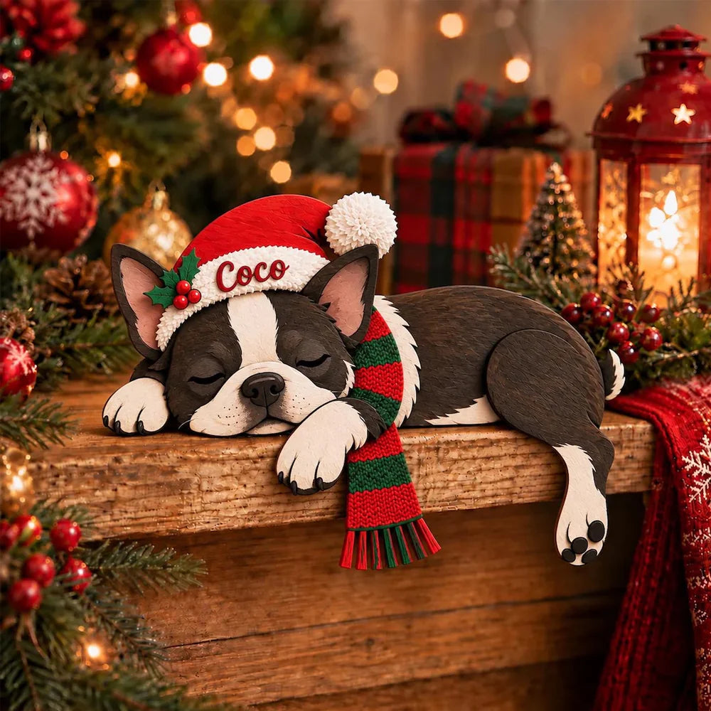 Boston Terrier Christmas Wooden Sitter, Custom Name Dog Decor