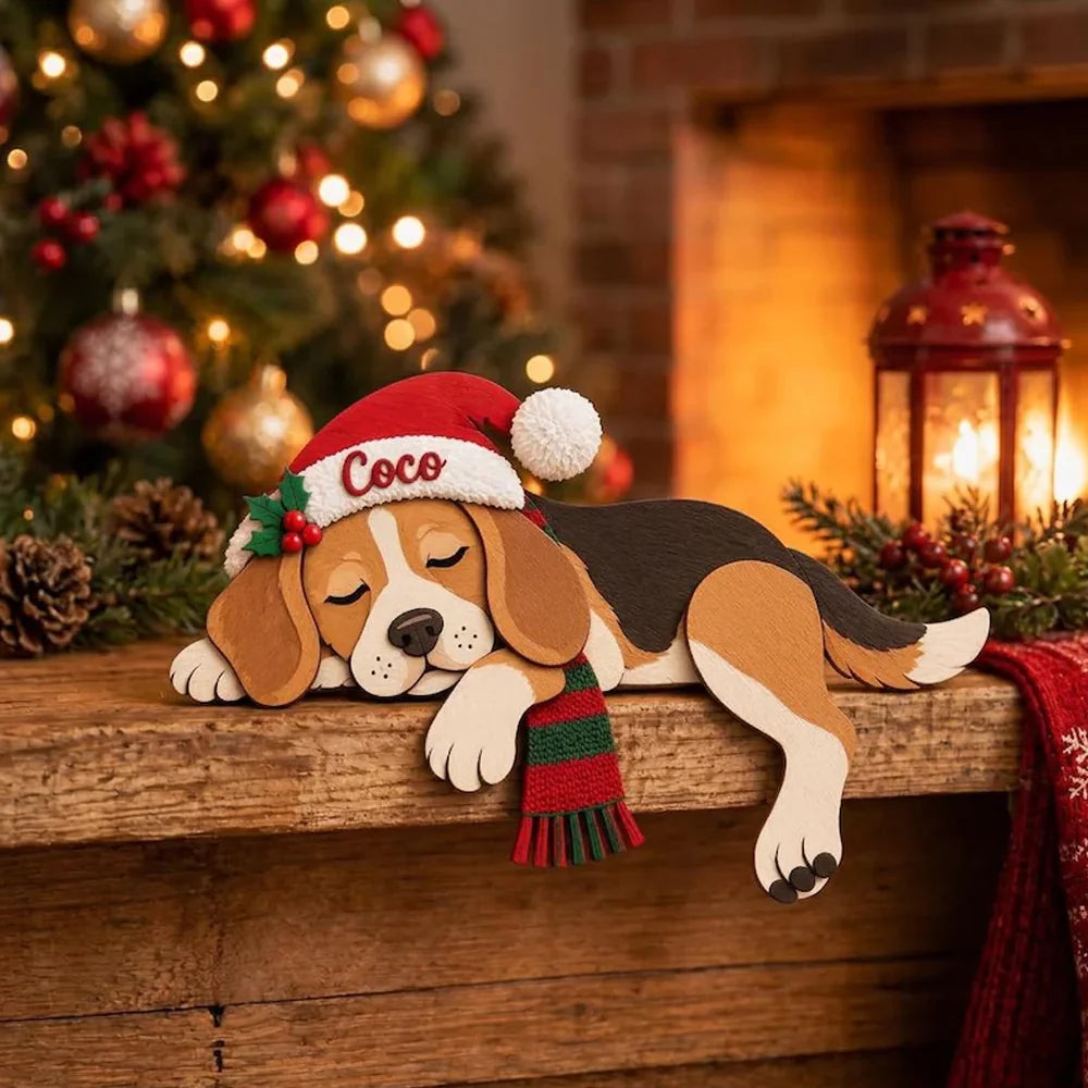 Beagle Christmas Wooden Self Sitter, Custom Name Holiday Decor
