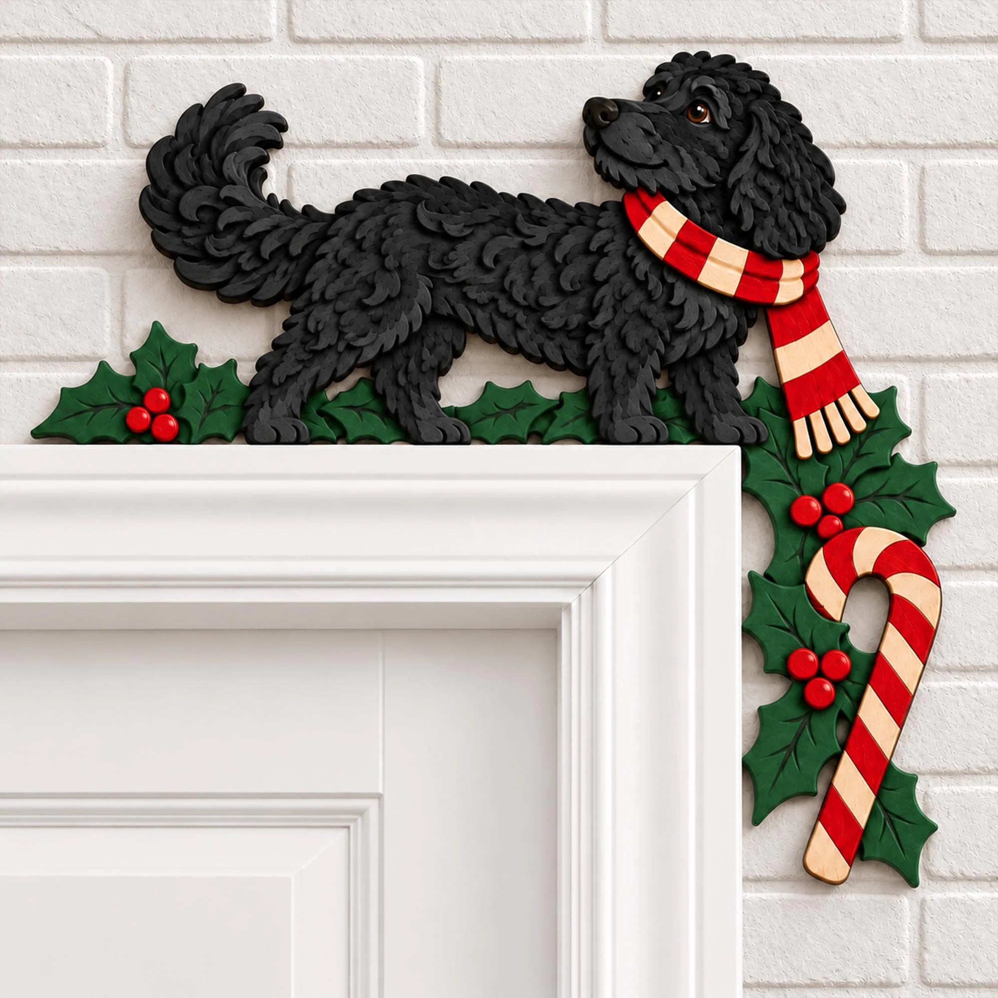 Christmas Black Goldendoodle Wooden Door Topper, Layered Dog Corner Decor