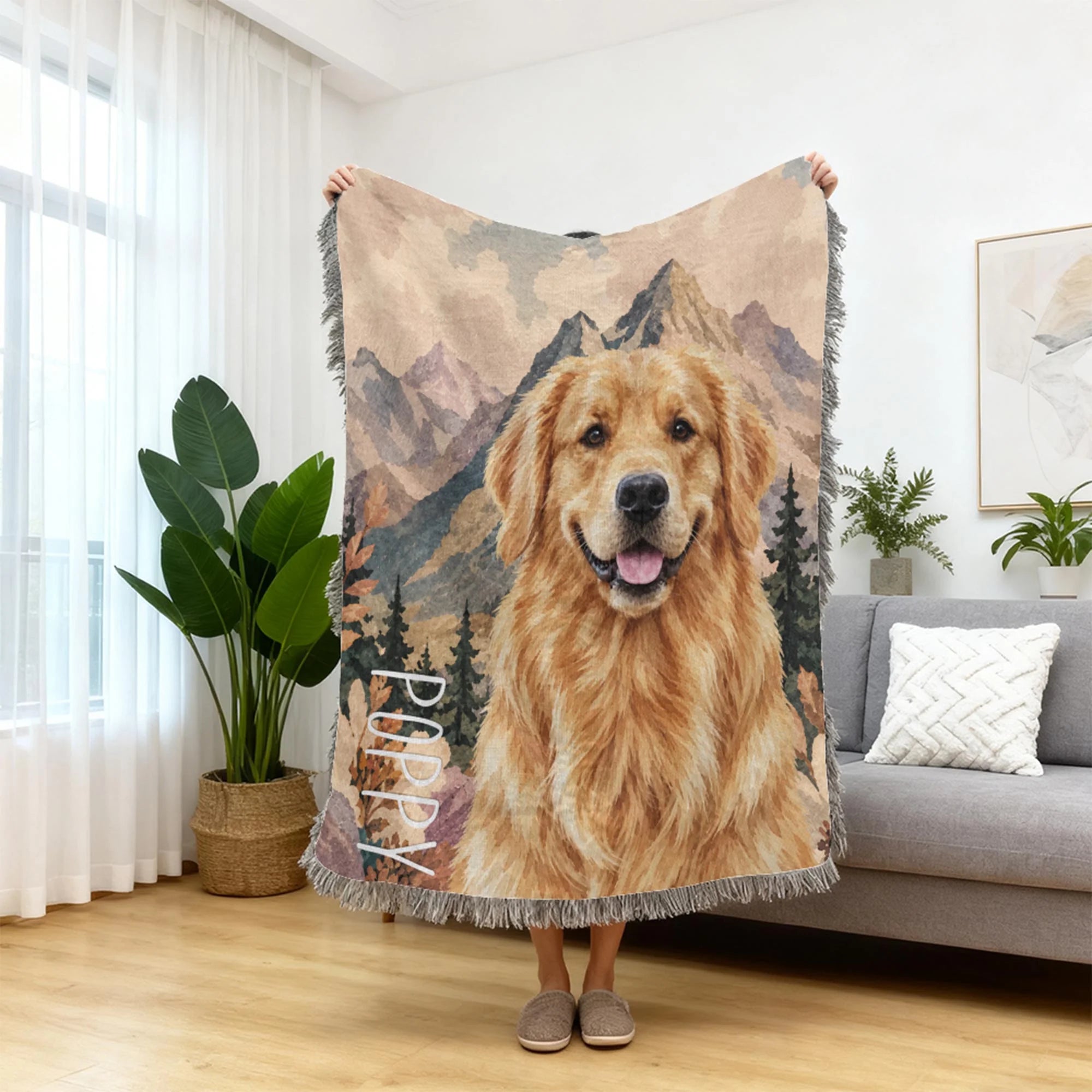 Personalized Dog Portrait Woven Blanket, Custom Name Pet Memorial Keepsake