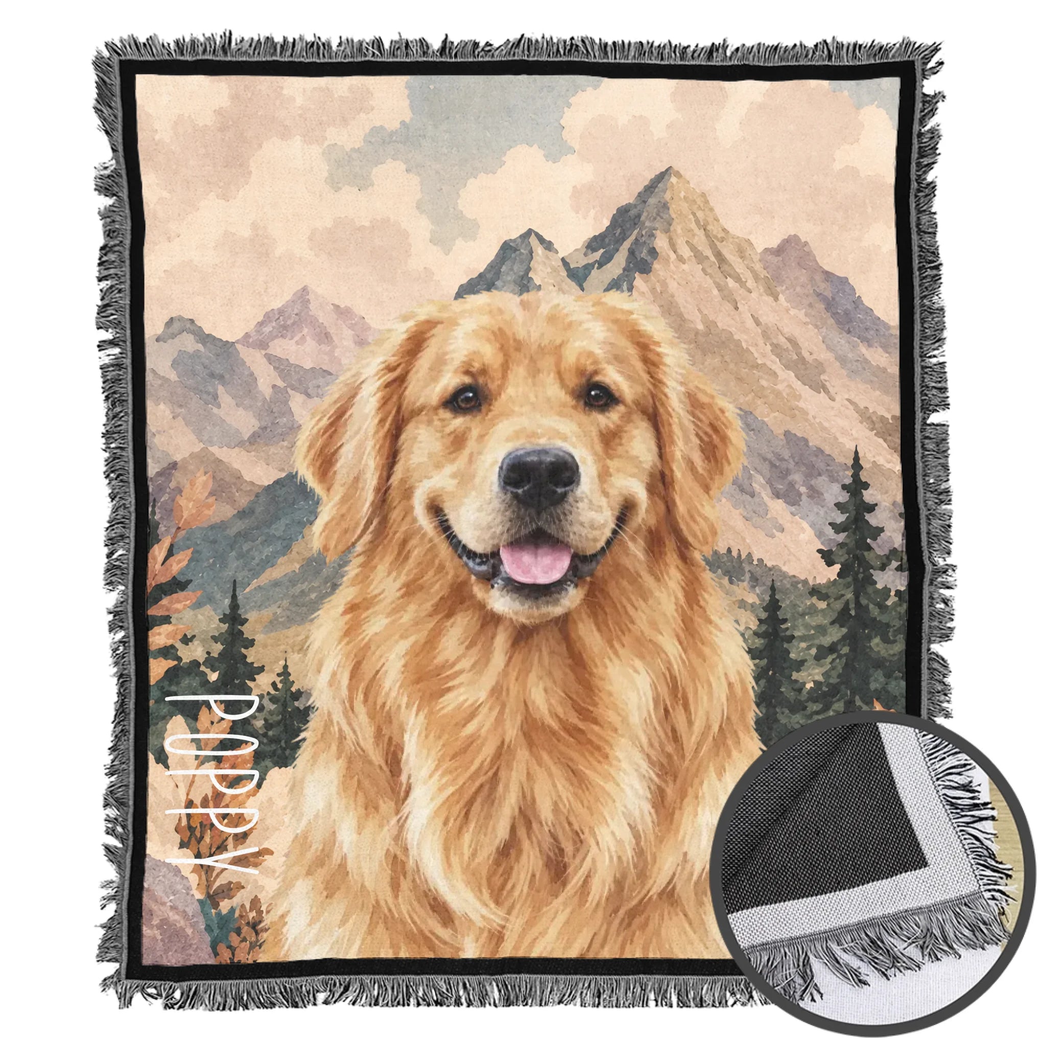 Personalized Dog Portrait Woven Blanket, Custom Name Pet Memorial Keepsake