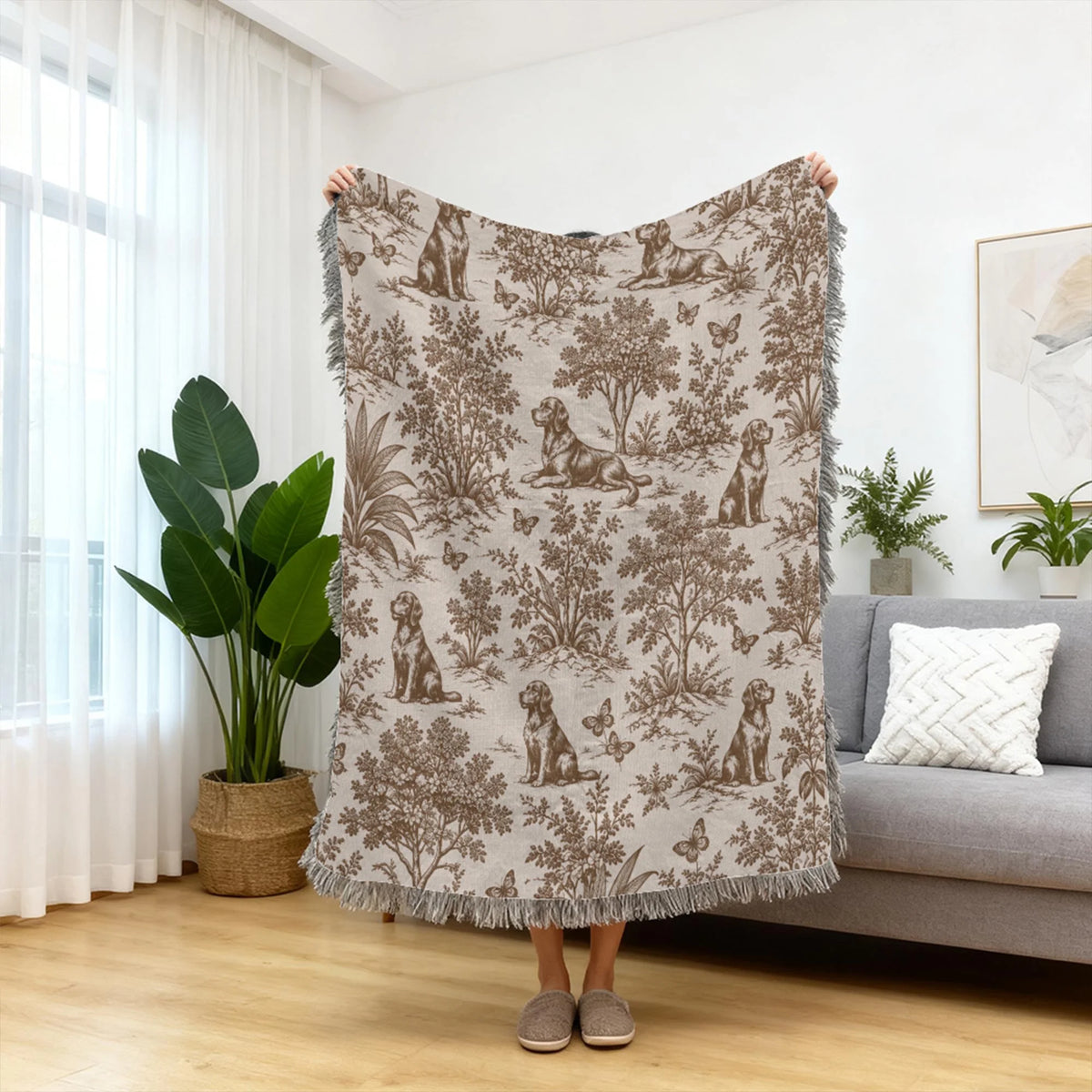 Personalized Dog Memorial Woven Blanket, Custom Photo Botanical Toile Gift