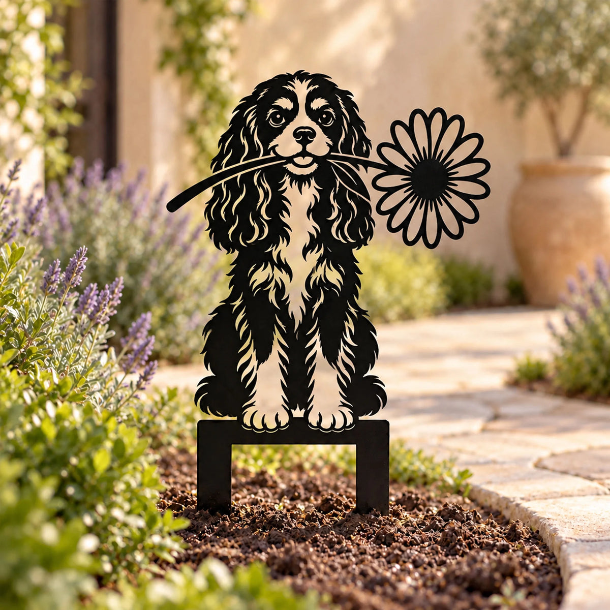 Custom Cavalier King Charles Spaniel Metal Garden Stake, Puppy Flower Yard Memorial Decor