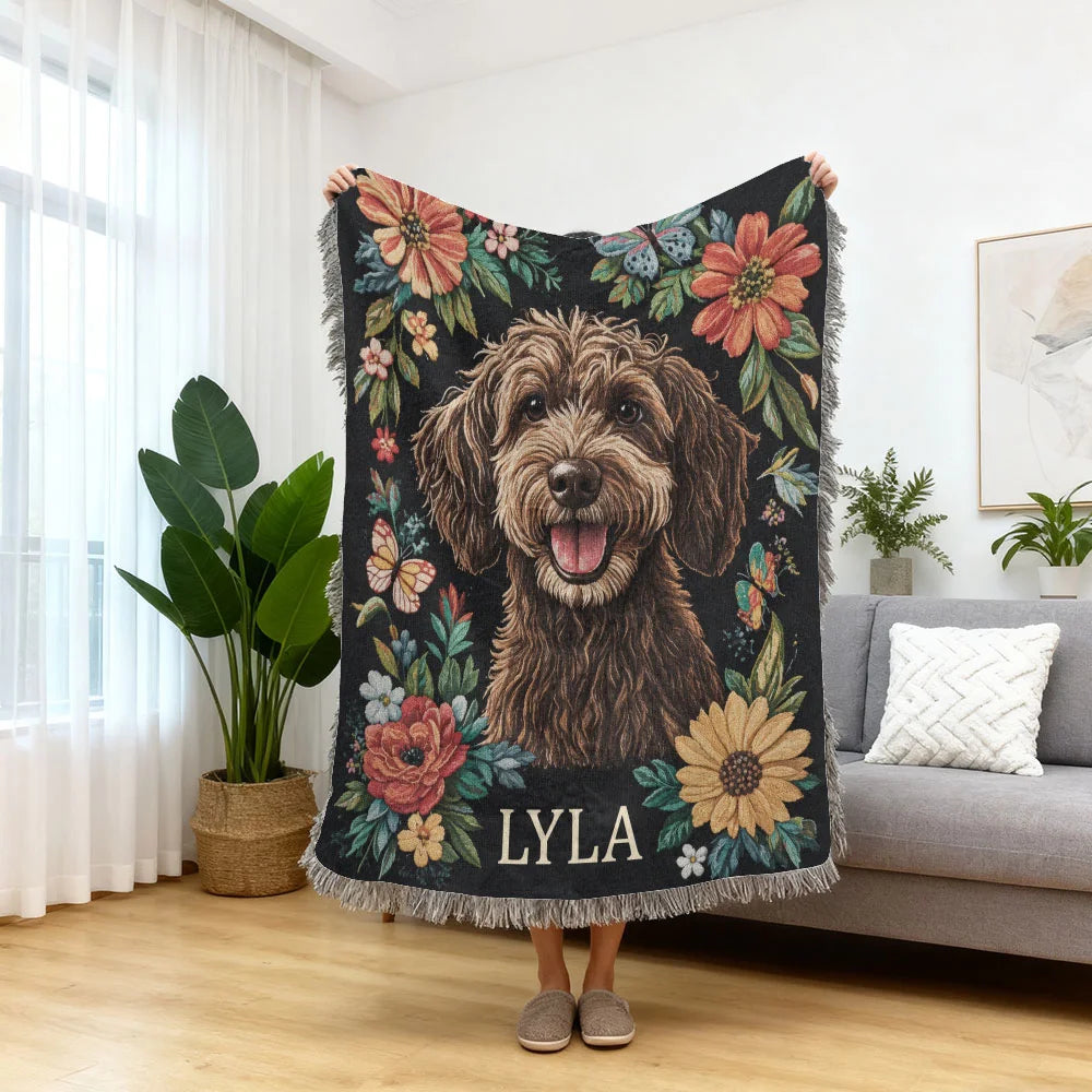 Personalized Dog Woven Blanket, Custom Floral Pet Throw