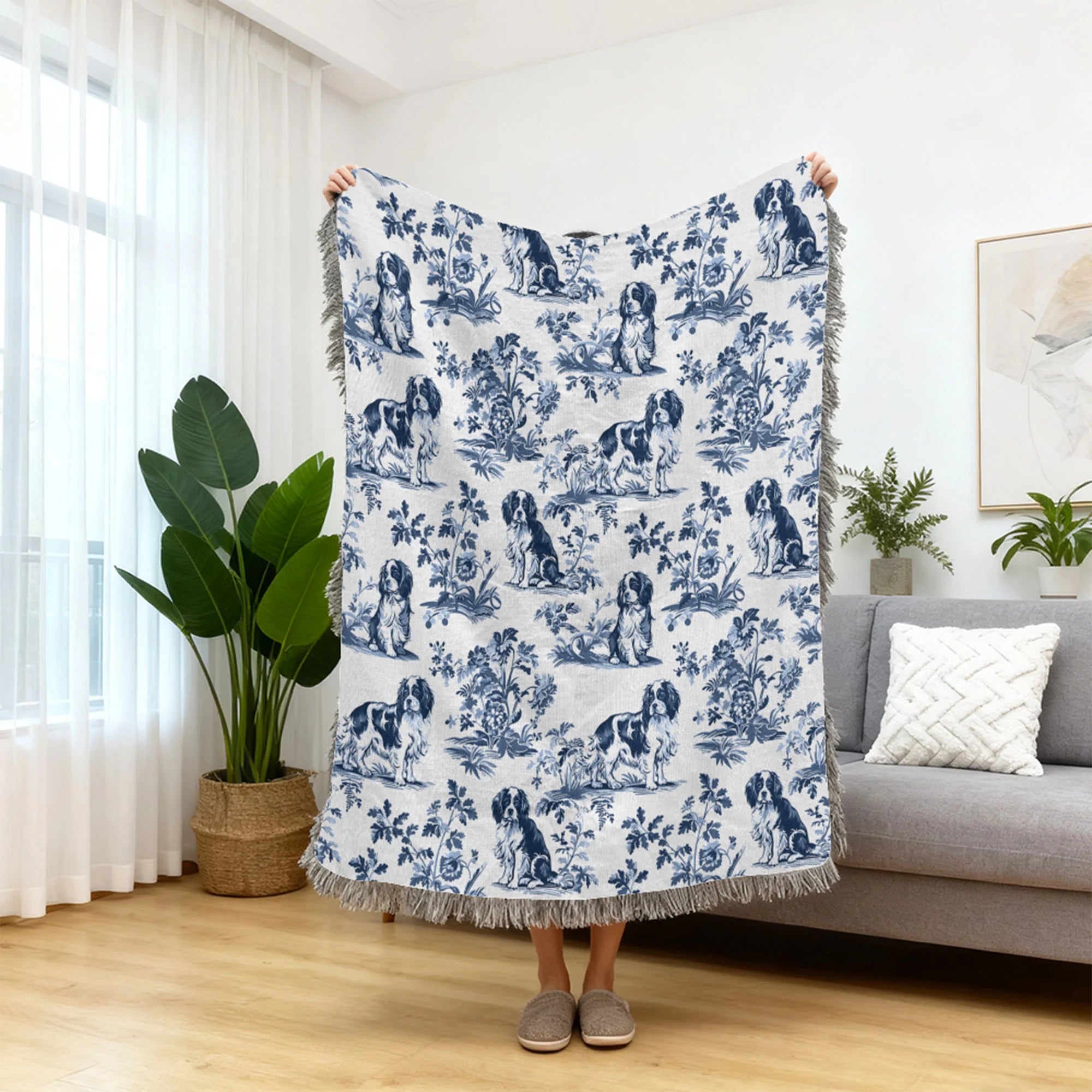 Cavalier King Woven Blanket, Vintage Blue Toile Dog Lover Decor