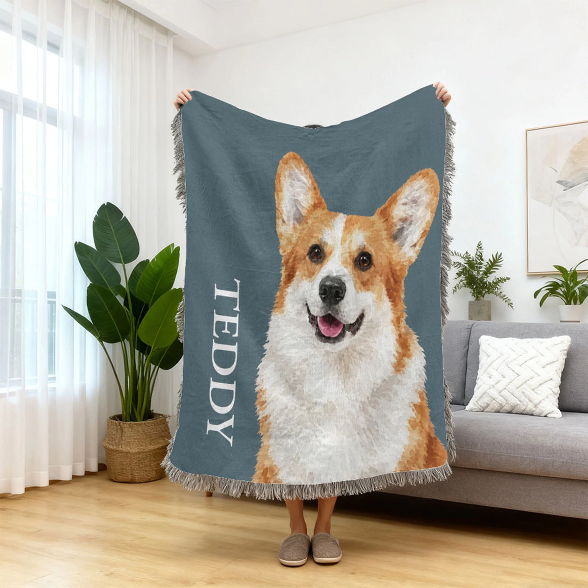 Personalized Dog Portrait Woven Blanket, Custom Photo Dog Dad Gift