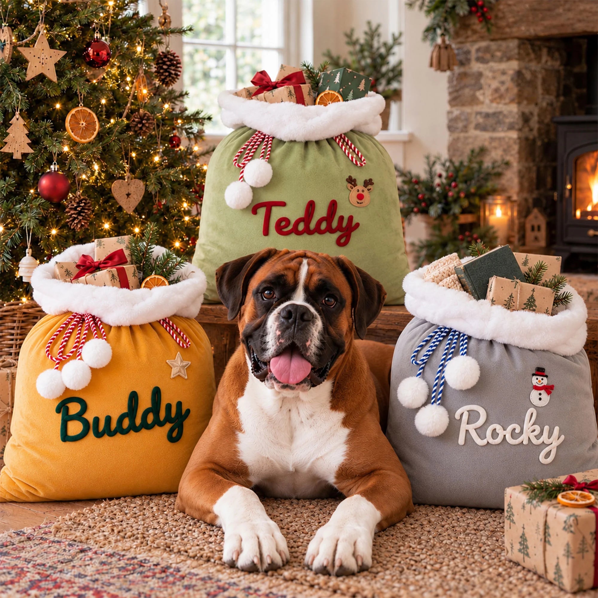 Personalised Dog Christmas Sack, Velvet Santa Bag with Custom Name