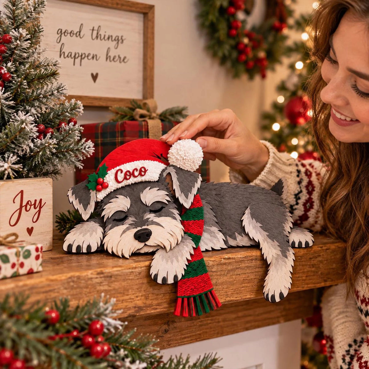 Miniature Schnauzer Christmas Wooden Sitter, Custom Name Shelf Decor
