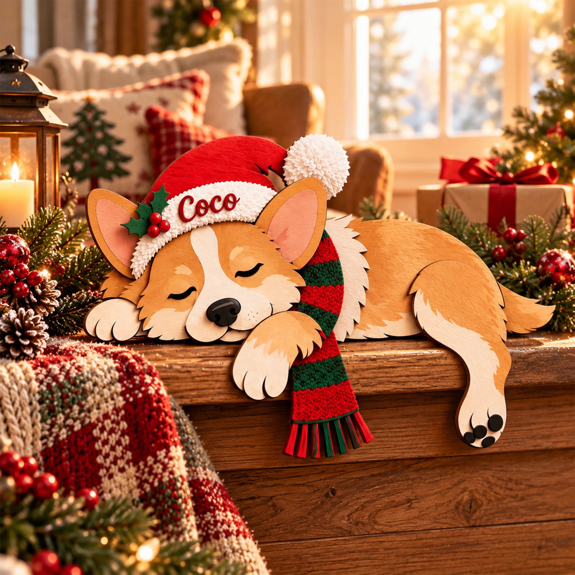 Corgi Christmas Wooden Self Sitter, Custom Name Shelf Decor
