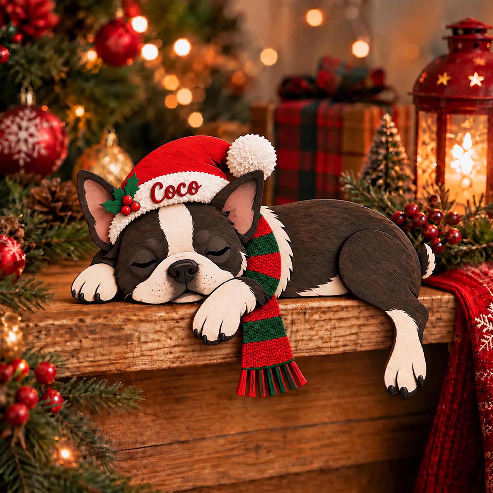 Boston Terrier Christmas Wooden Sitter, Custom Name Dog Decor