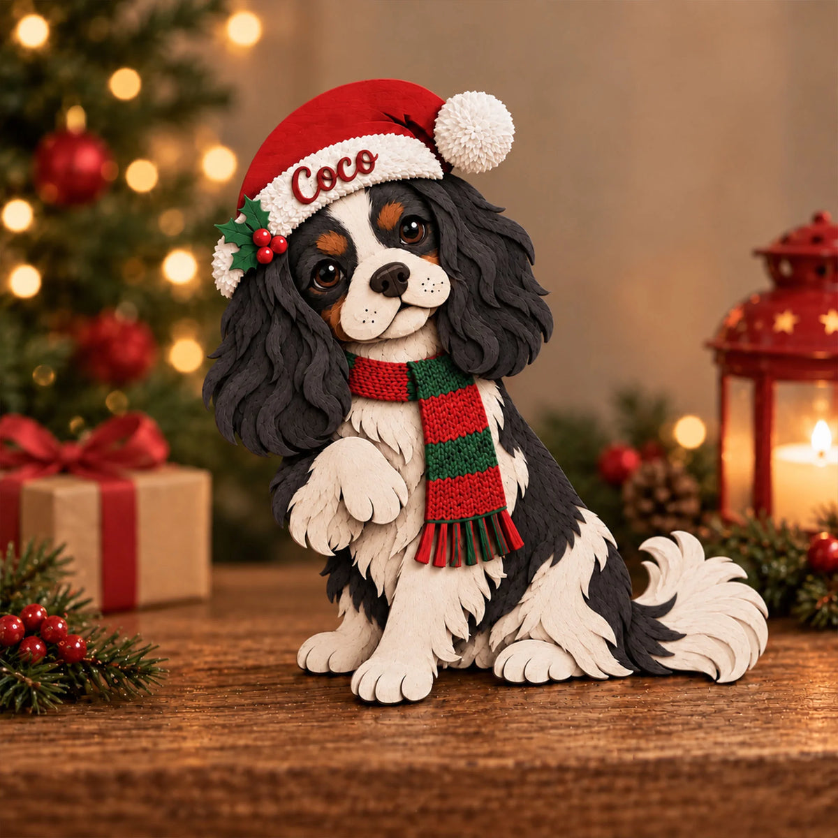 Cavalier King Christmas Wooden Sitter, Custom Dog Name Decor