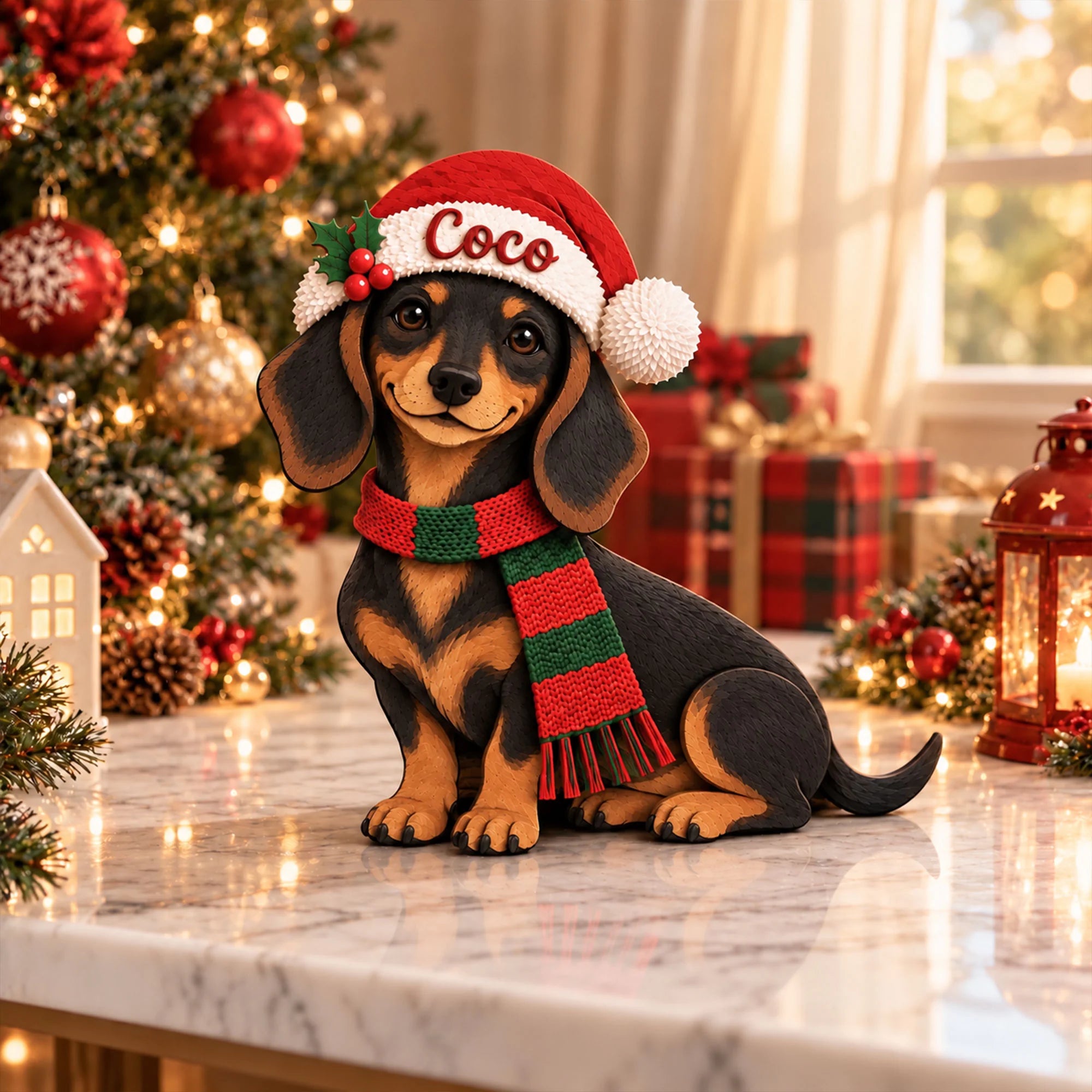 Dachshund Christmas Wooden Sitter, Custom Dog Name Holiday Decor