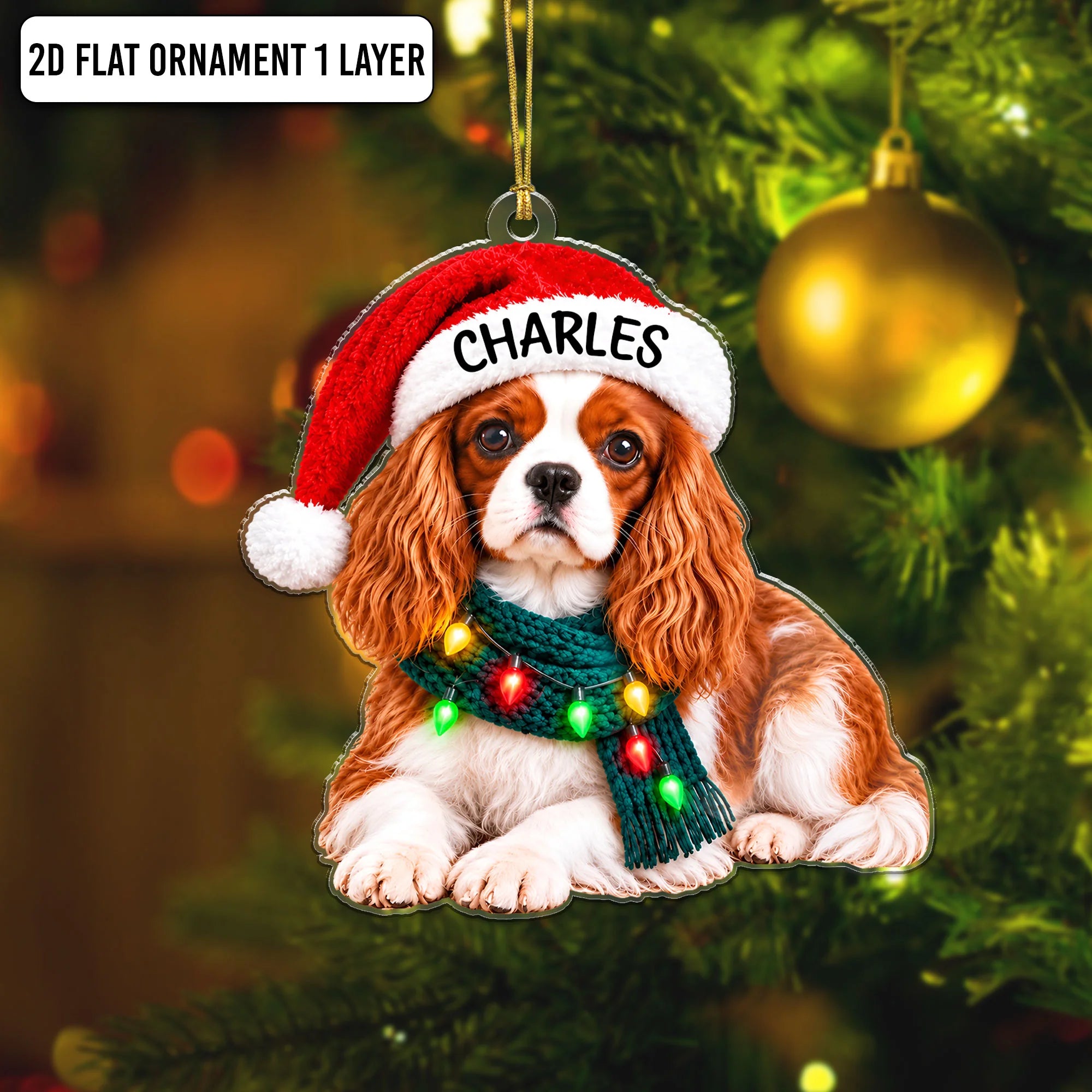 Cavalier King Charles Christmas Ornament, Custom Name Santa Hat Gift