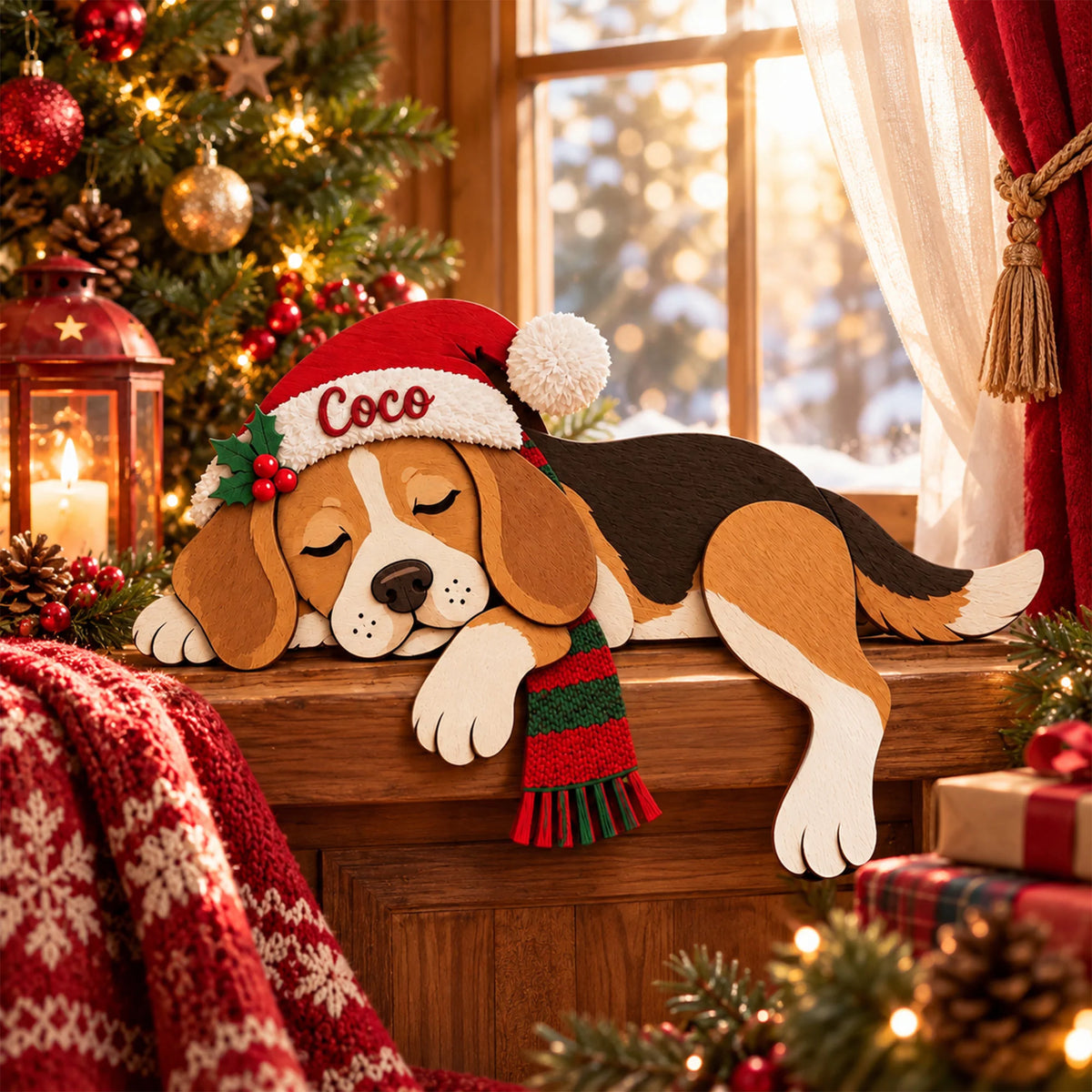 Beagle Christmas Wooden Self Sitter, Custom Name Holiday Decor