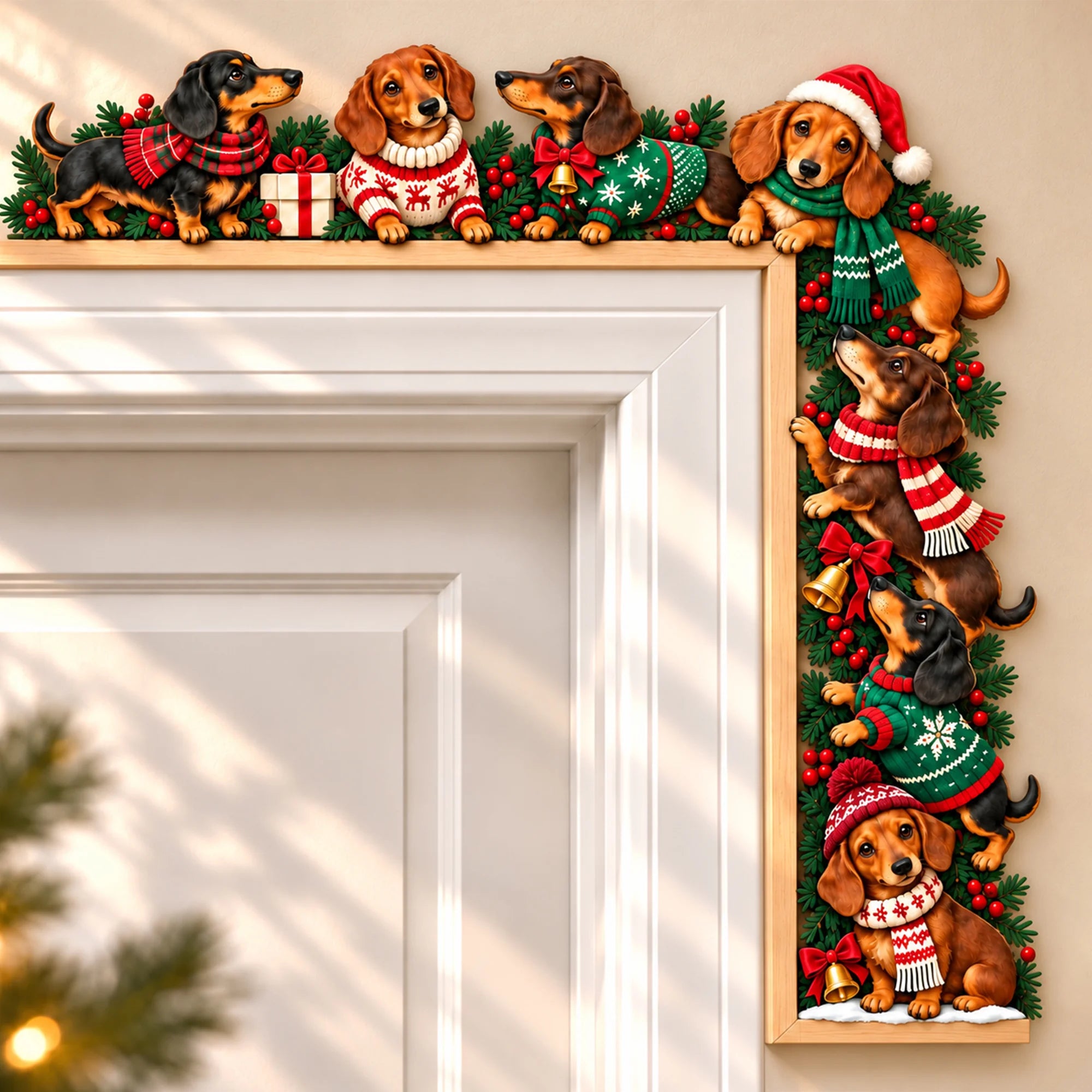 Dachshund Christmas Door Topper, Festive Wiener Dog Doorway Corner Decor