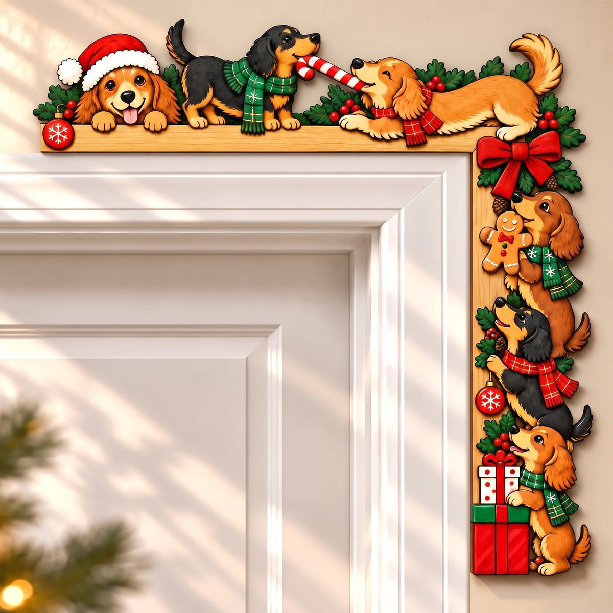 Dachshund Christmas Wooden Door Corner Hanger, Festive Dog Lover Decor