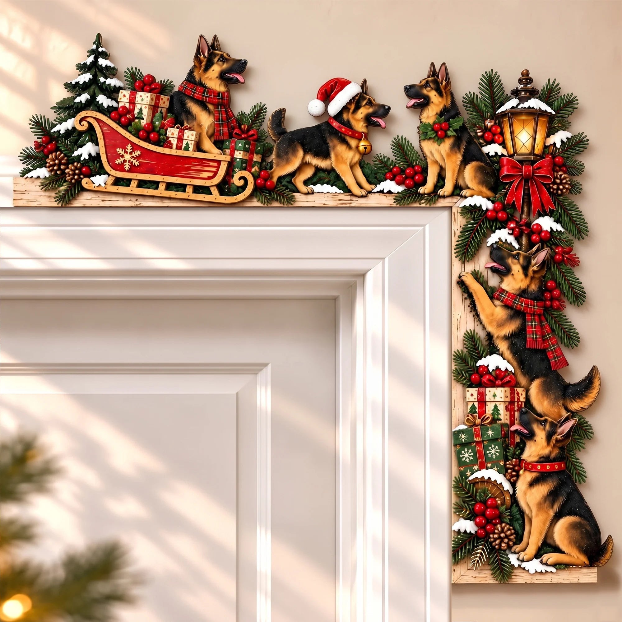 German Shepherd Christmas Wooden Door Corner Decor, Rustic Dog Gift
