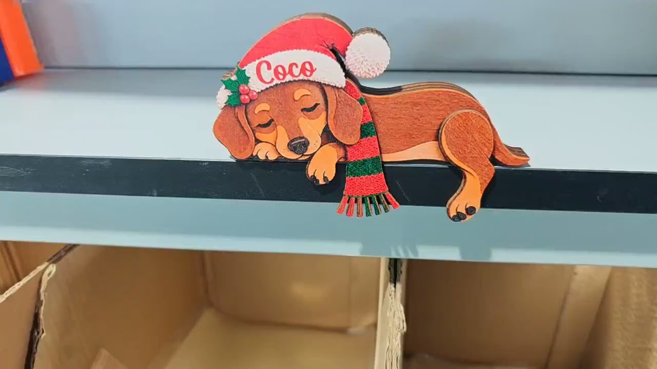 Custom Dachshund Christmas Wooden Sitter, Custom Name Holiday Shelf Decor